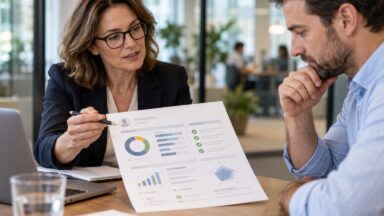 Recruiter s hiring manažerem probírají strukturovaný report hodnocení kandidáta.