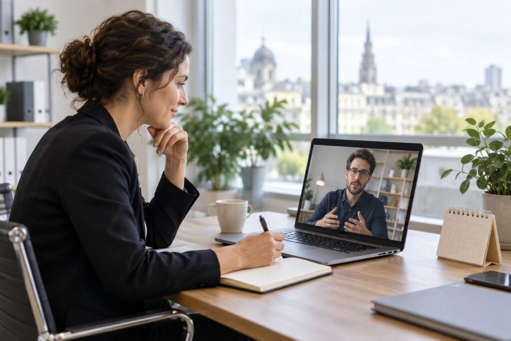 Recruiter vede online rozhovor s technickým specialistou a plánuje další kroky náboru.